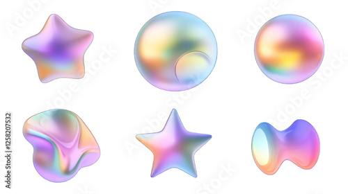set of abstract star circle gradient freeform shape form fluid holographic Iridescent 3d render icon isolated on white background