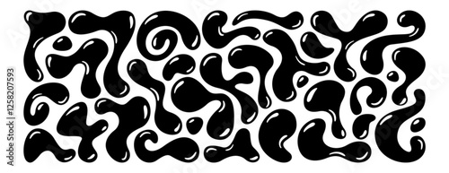 Set of black irregular blobs, random liquid organic drop shapes. Amorphous splodges, asymmetric spots, fluid uneven elements or simple amoeba figures. Abstract glossy smooth forms on white background