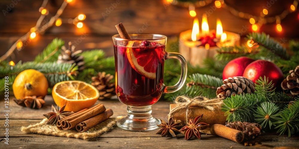 A festive glass of warm mulled wine with cinnamon sticks, orange slices, and star anise, surrounded by evergreen branches, pine cones, and candles A festive glass of warm mulled wine with cinnamon sticks, orange slices, and star anise, surrounded by evergreen branches, pine cones, and candles