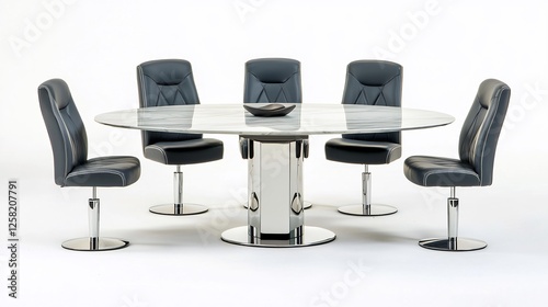 Oval Marble Dining Table with Black Chairs Against White Background, Studio Shot for Catalog Use