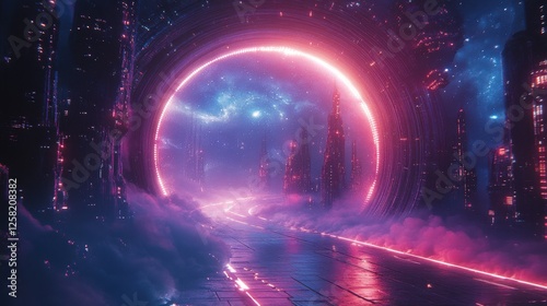 Futuristic cityscape with neon portal and starry sky.