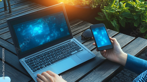 Wallpaper Mural Digital Data Visualization on Laptop and Phone Outdoors, Analyzing Information Efficiently and Effectively Outside. Torontodigital.ca