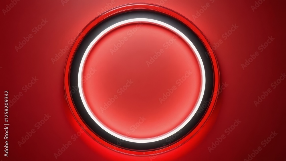 A circular light fixture with a red outer ring and bright inner glow against a red wall A circular light fixture with a red outer ring and bright inner glow against a red wall