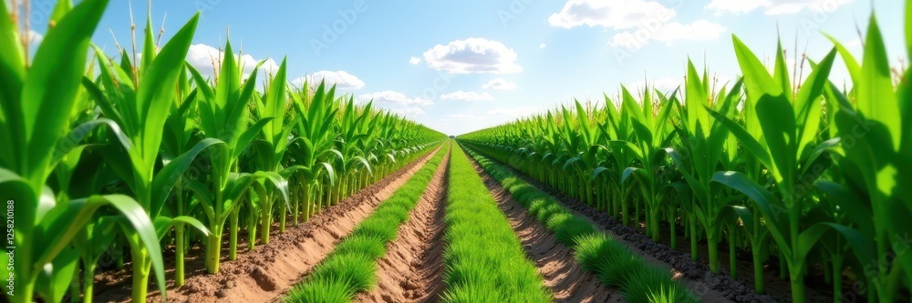 Rows of neatly planted corn stalks, reaching for the sky , agriculture, green field Rows of neatly planted corn stalks, reaching for the sky , agriculture, green field