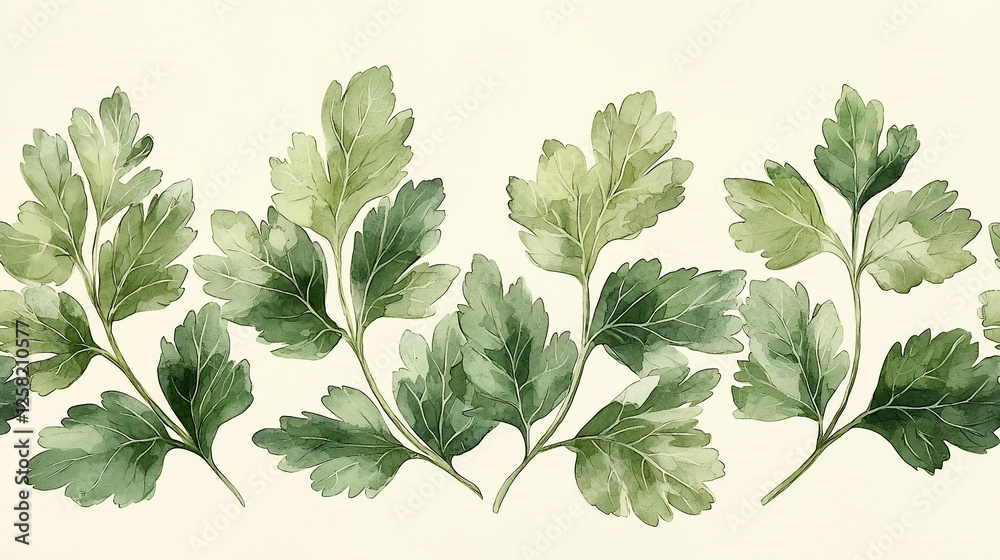 A delicate arrangement of fresh parsley leaves on a soft background, symbolizing freshness and culinary delights