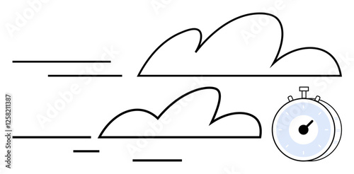 Clouds moving fast with a stopwatch symbolizing quick progress, efficiency, and time tracking. Ideal for themes of productivity, deadlines, urgency, planning, speed, optimization abstract line flat