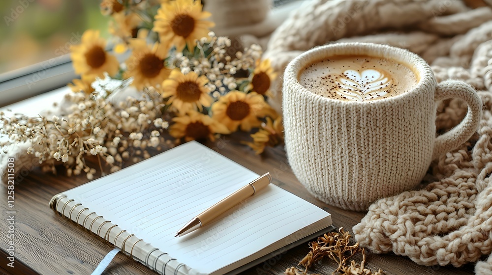 Fototapeta premium A cozy and inviting flat lay scene showcasing a minimalist workspace with a coffee cup notebook and pen arranged on a clean desk surface