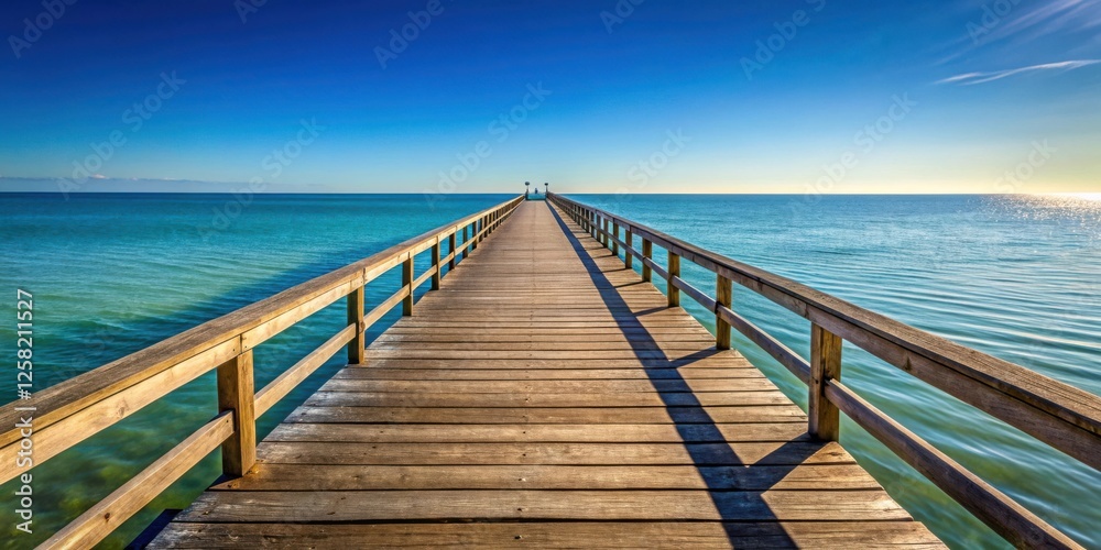 Fototapeta premium A wooden pier extends into the calm blue ocean waters on a sunny day, inviting you to walk towards the horizon and experience the serene beauty of the sea.