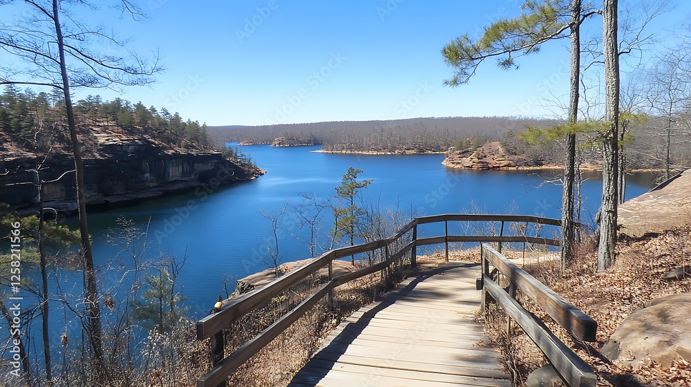 Fototapeta premium Serene Lake Vista Point Landscape View With Boardwalk Path Amidst Nature On A Bright Sunny Day