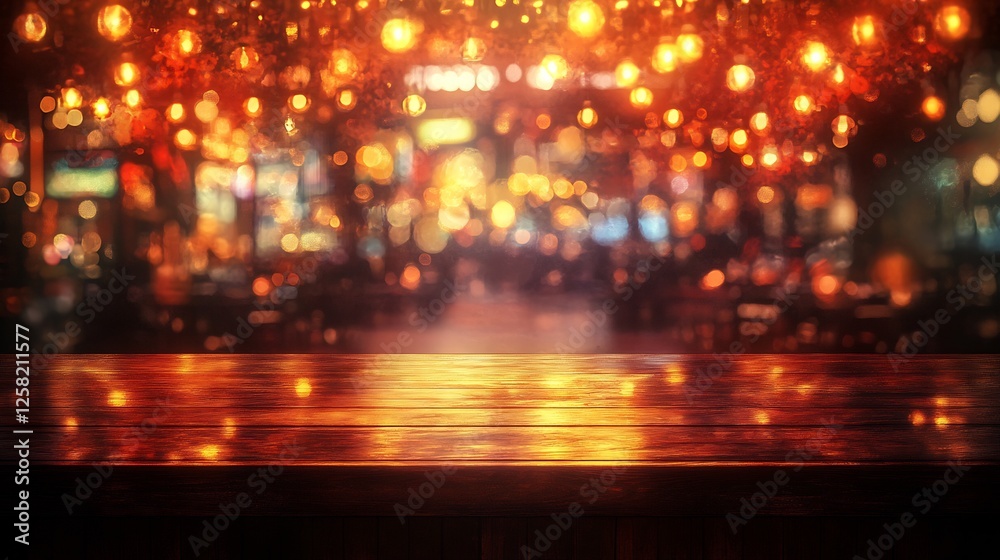 Warm glowing lights illuminate dark wooden table vibrant nightlife background. AI Generated Warm glowing lights illuminate dark wooden table vibrant nightlife background. AI Generated