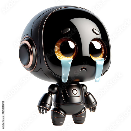 Cute 3D black robot with golden eyes crying in side view isolated on white background