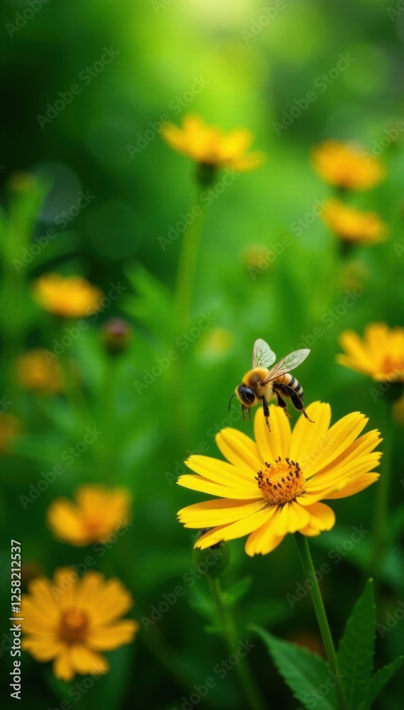 Colorful bee flying over bright yellow flowers in a lush garden scene, outdoor scenes, bees Colorful bee flying over bright yellow flowers in a lush garden scene, outdoor scenes, bees