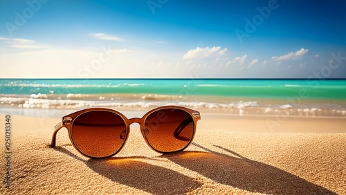 広々とした真夏の砂浜と海にあるサングラス 夏に使える素材 背景素材 チラシ・バナー・動画素材 AI生成素材