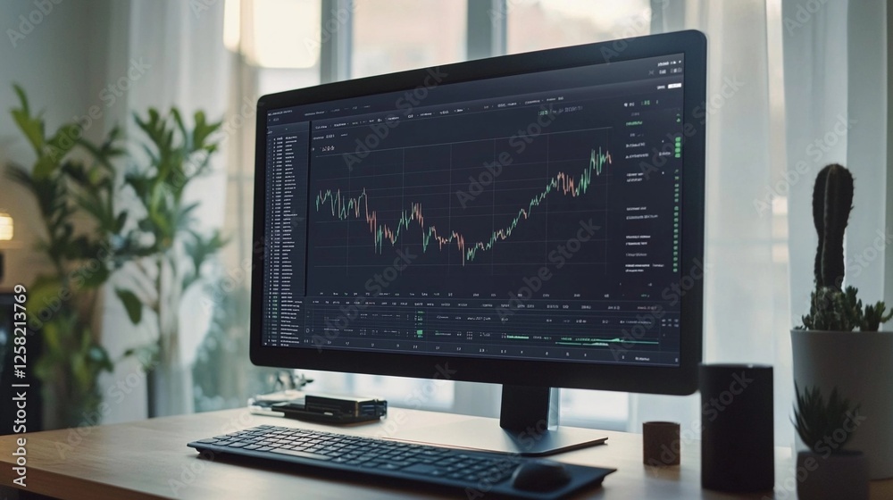 Trading screen displays stock market data in a modern office setting with natural light Trading screen displays stock market data in a modern office setting with natural light