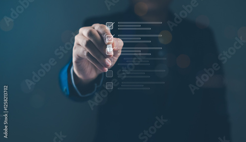 Concept checklist online survey business Efficient document form project management, evaluation, auditing, quality control standards check mark iso certified symbol commercial warranty