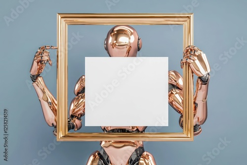 Minimal gold frame held by a rose-gold robot with an uncluttered and spacious background.,,,