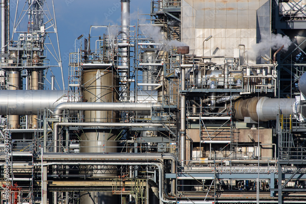 Part of refinery facility with complicated pipe system Part of refinery facility with complicated pipe system