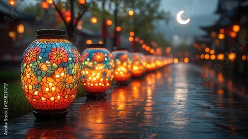 A beautiful mosque courtyard filled with lanterns and soft glowing lights, with the crescent moon rising in the sky and a serene Ramadan atmosphere