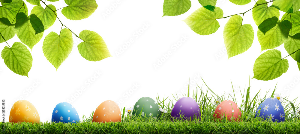 A collection of painted easter eggs under bright green tree leaves celebrating a Happy Easter in spring with green short cut meadow grass against an isolated transparent background.
