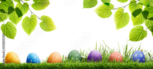 Obraz na płótnie A collection of painted easter eggs under bright green tree leaves celebrating a Happy Easter in spring with green short cut meadow grass against an isolated transparent background. w salonie