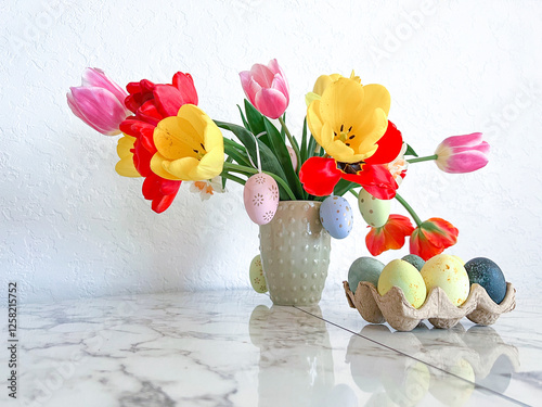 Obraz na płótnie An Easter card. Colorful bright tulips decorated with eggs stand in a vase on the table next to colorful eggs w salonie