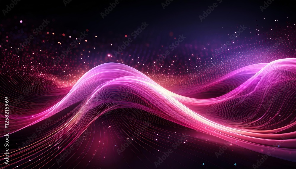 Fototapeta premium dynamic pink light streaks forming a wave pattern against a dark background, sparkling particles resembling stars