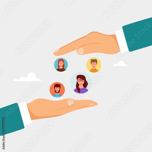 Attracting employees or recruiting personnel. Customer retention, marketing strategy for customer loyalty. Vector illustration.
