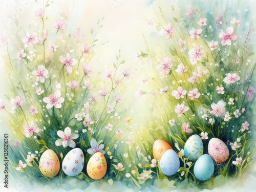 Pastel watercolor background with Easter motifs, eggs and delicate blossoms, seasonal holiday card
