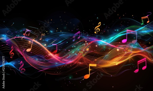 Musical notes. Abstract wavy lines, dynamic colorful light patterns flowing, isolated on black background. The concept of music, party, technology, modern.