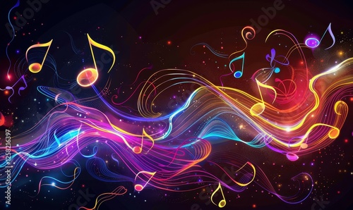Musical notes. Abstract wavy lines, dynamic colorful light patterns flowing, isolated on black background. The concept of music, party, technology, modern.