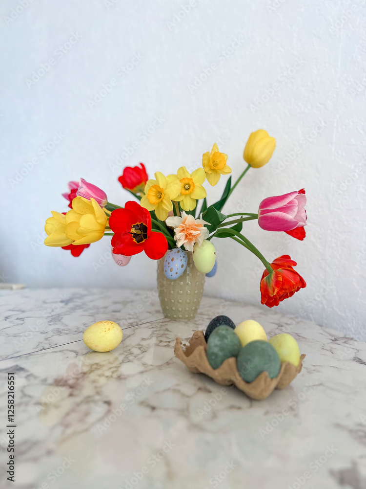 An Easter card. Colorful bright tulips decorated with eggs are in a vase on the table next to colorful eggs. Vertical photography