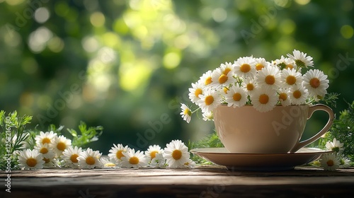 A charming cup filled with fresh daisies placed on a rustic wooden table surrounded by greenery