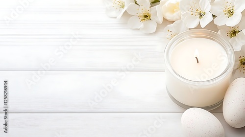 Serene Spring White Floral Arrangement with Candle and Decorative Eggs on Wood Surface