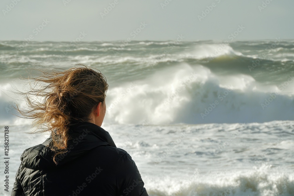Woman gazing at stormy ocean waves in deep contemplation Woman gazing at stormy ocean waves in deep contemplation