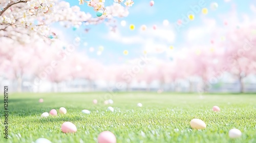 Serene Springtime Scene with Pastel Easter Eggs on Lush Green Grass Under Blossoming Trees photo