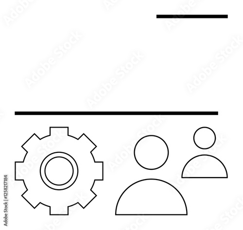 Gear with two user icons beside horizontal lines, symbolizing teamwork, workflow, process optimization, and collaboration. Ideal for business, productivity, management, operations strategy abstract