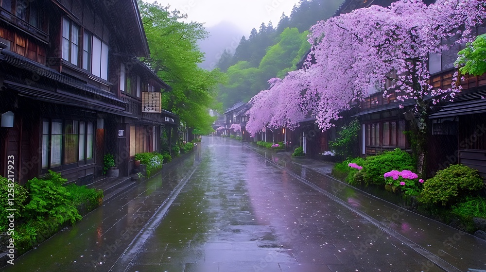 Serene Street View in Japan During Cherry Blossom Season in Rainy Weather With Traditional Homes Serene Street View in Japan During Cherry Blossom Season in Rainy Weather With Traditional Homes
