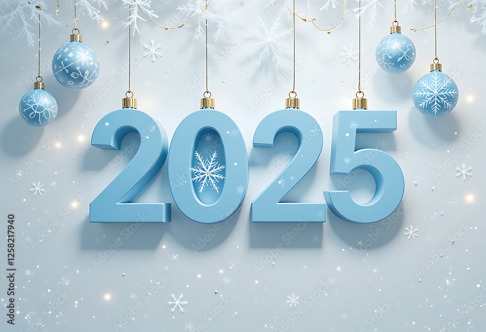 2025 New Year Celebration with Blue Ornaments and Snowflakes 2025 New Year Celebration with Blue Ornaments and Snowflakes