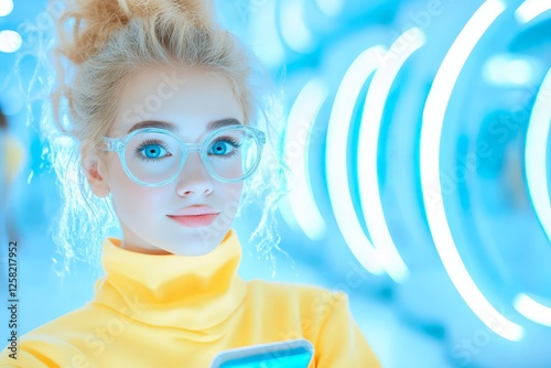 Stylish blonde girl with glasses and bright turtleneck, illuminated by blue neon lights, digital connectivity, future vibes, modern technology, fashion-forward perspective. photo