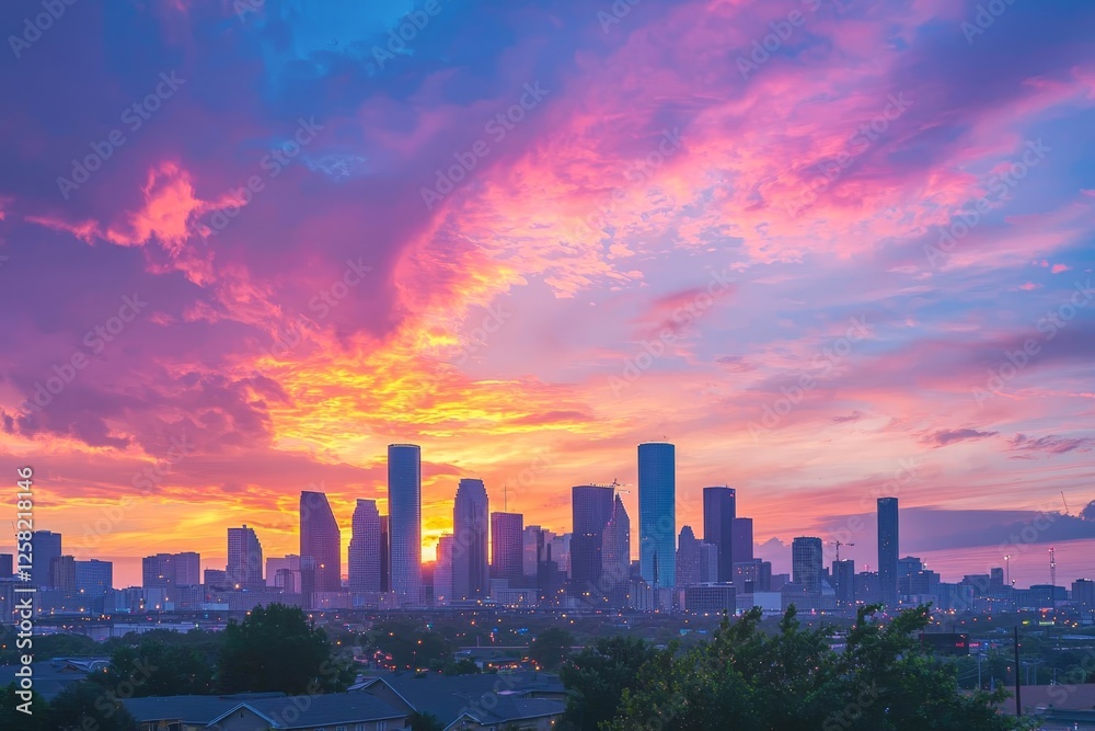 Vibrant sunset sky with blurred city skyline below. Vibrant sunset sky with blurred city skyline below.