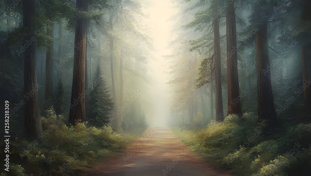 Naklejka premium Mysterious Path Through a Misty Redwood Forest