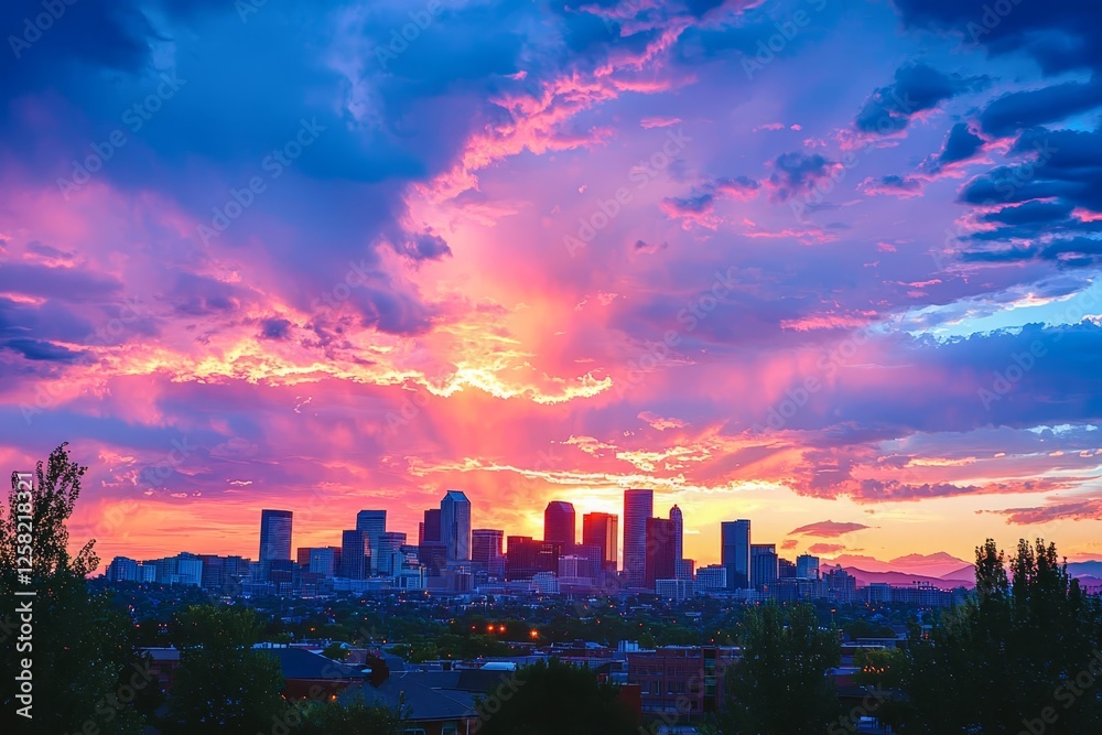 Fototapeta premium Vibrant sunset sky with blurred city skyline below.
