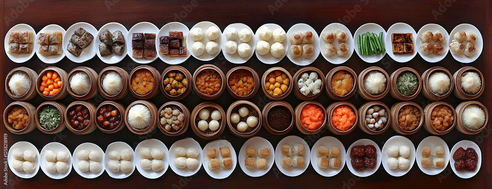 Diverse Dim Sum Feast, Tabletop View Diverse Dim Sum Feast, Tabletop View