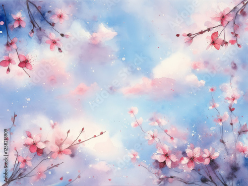 Spring seasonal background with cherry sakura pink and white blossoms. Easter watercolor card