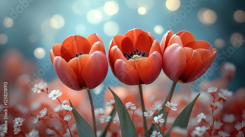 Three vibrant red tulips surrounded by delicate white flowers against a dreamy blue background