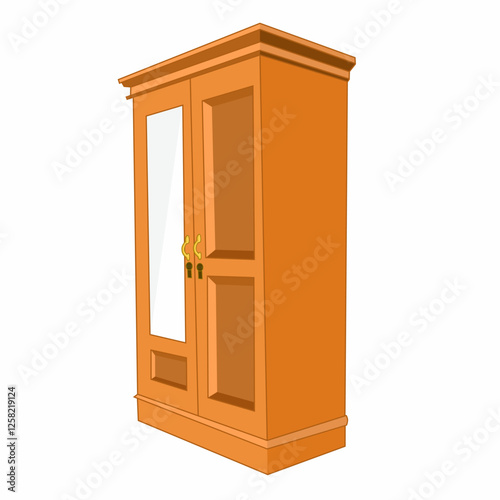 Elegant wooden wardrobe design graphic vector illustration with large mirror doors and decorative gold handles isolated on white background. Perfect for indoor related graphic design elements.