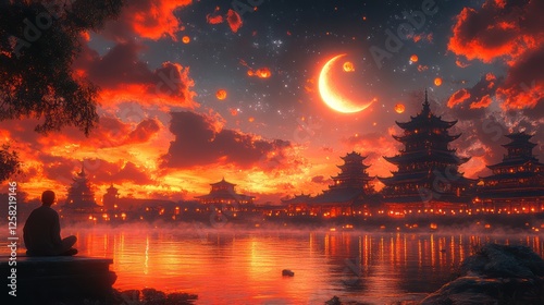 A beautiful mosque courtyard filled with lanterns and soft glowing lights, with the crescent moon rising in the sky and a serene Ramadan atmosphere