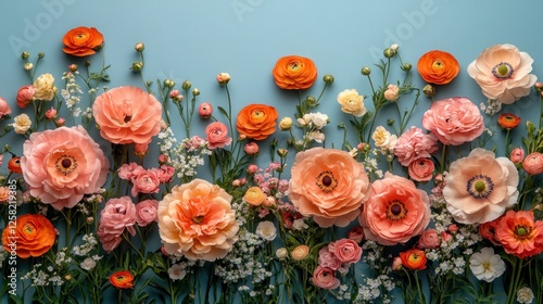 Vibrant floral arrangement featuring colorful ranunculus flowers against a soft blue background