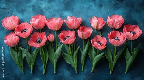 A vibrant arrangement of pink tulips against a textured blue background, showcasing floral beauty