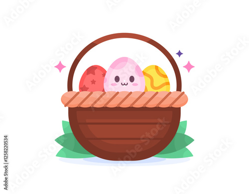 illustration of a basket containing easter eggs with cute, adorable, and adorable faces. celebration and happy easter. bunny facial expression. decoration, ornament, flat style character design